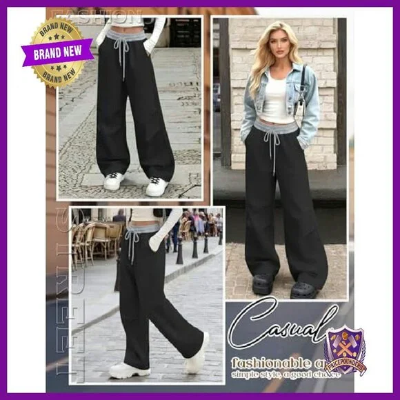 Wide Leg Track Pants with Color Block Waistband, Low Rise Sweatpants, Y2K - Picture 5 of 6